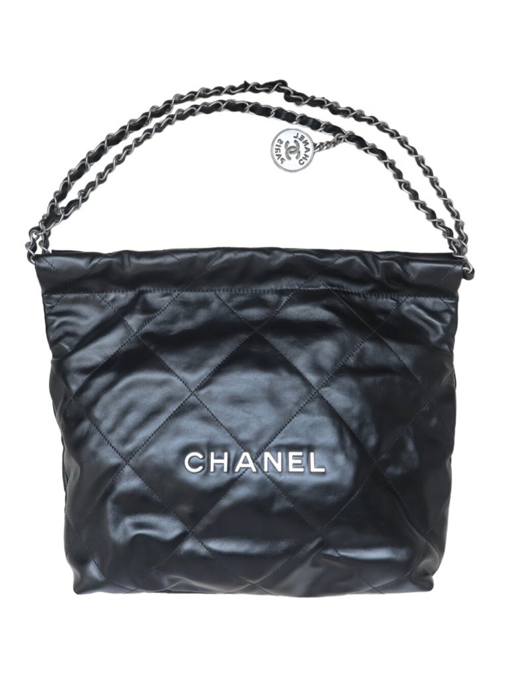 CHANEL 22 SMALL Black Silver Hardware Calfskin Leather Quilted Shoulder Bag